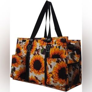 NGil Utility Water Resistant Tote Bag, Zippered top - Sunflower w/Cow Print NIB